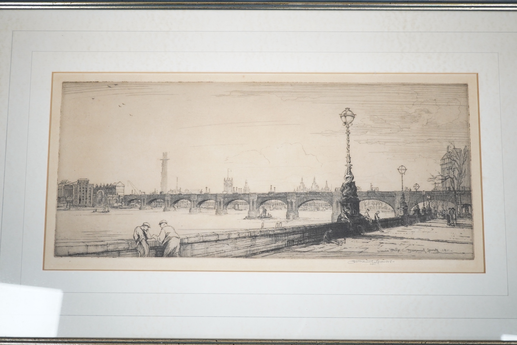 Nathaniel Sparks (1880-1956), two etchings, London scenes to include ‘Waterloo Bridge’, each signed, largest 17 x 37cm. Condition - fair